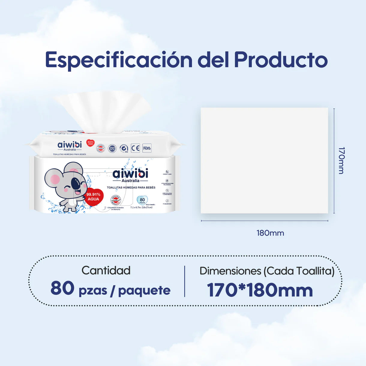 Paquetes de Toallitas húmedas para bebés 99,91% de agua